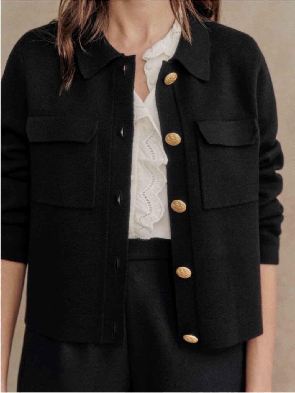 Sezane Betty Cardigan Sweater 100% Wool Black Gold Crest Buttons Medium - Picture 9 of 9